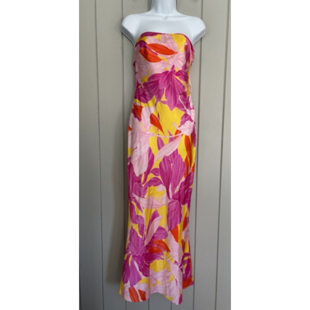 Retrofete Keaton Silk Strapless Dress S Small Botanical Floral Pink Maxi Stretch